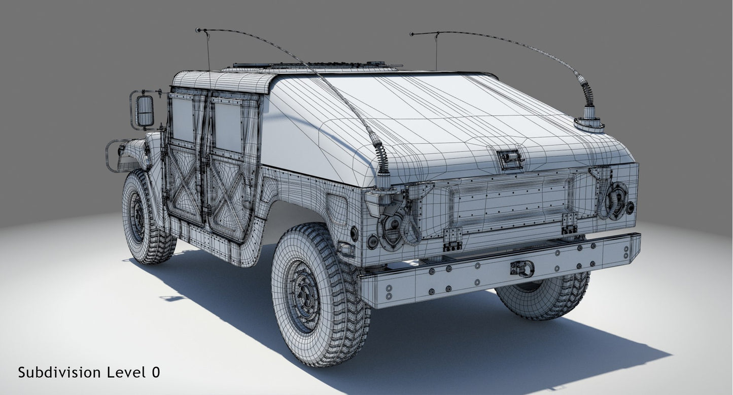 HMMWV Hummer Miliatry Vehicle 3D Model Wireframe View - Subdivision Level 0