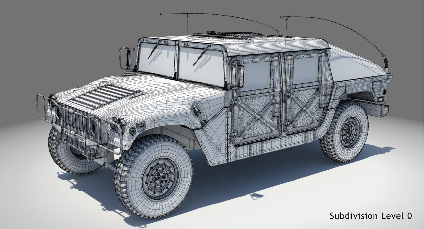 HMMWV Hummer Miliatry Vehicle 3D Model Wireframe View - Subdivision Level 0