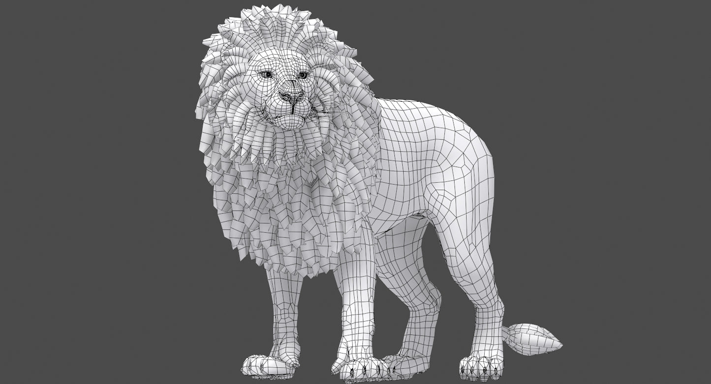 Rigged Lion 3D Model with Polygonal Mane Wireframe View Subdivision Level 0