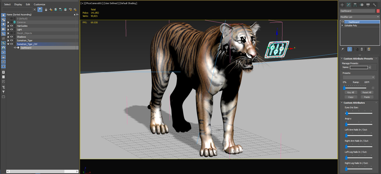 3D model of a tiger in a software development environment
