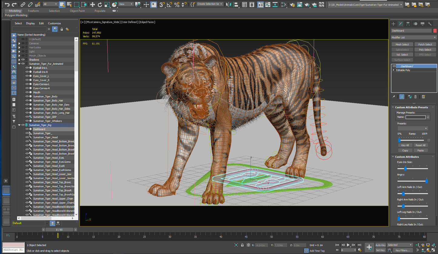 3D modeling software interface with a tiger character on a gray background