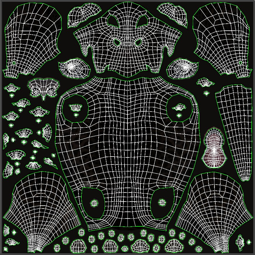 Full-body UV layout of black panther 3D model, optimized for texture painting and fur grooming.