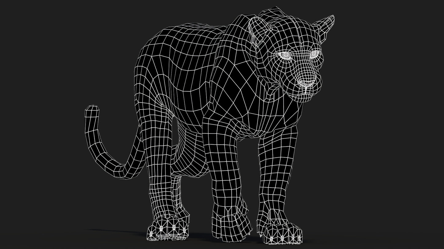 Black panther 3D model wireframe at subdivision 0 — clean quad topology, UV unwrapped.