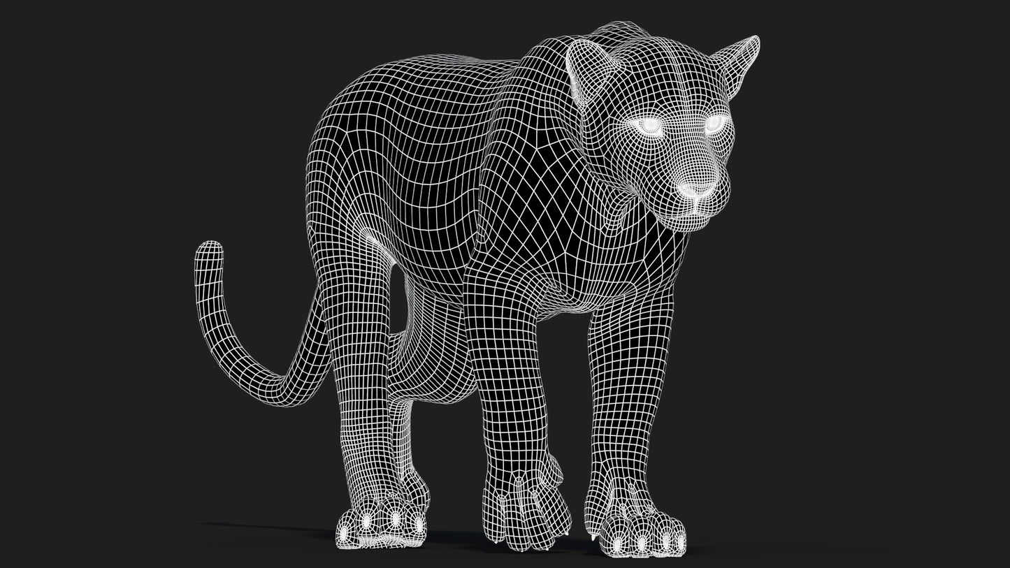 Black panther 3D model wireframe at subdivision 1 — clean quad topology, UV unwrapped