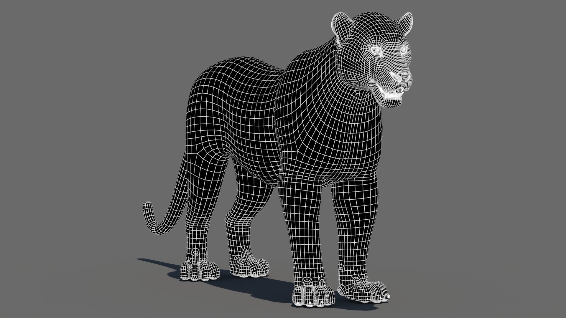 Realistic Leopard 3D Model Wireframe View Subdivision Level 1