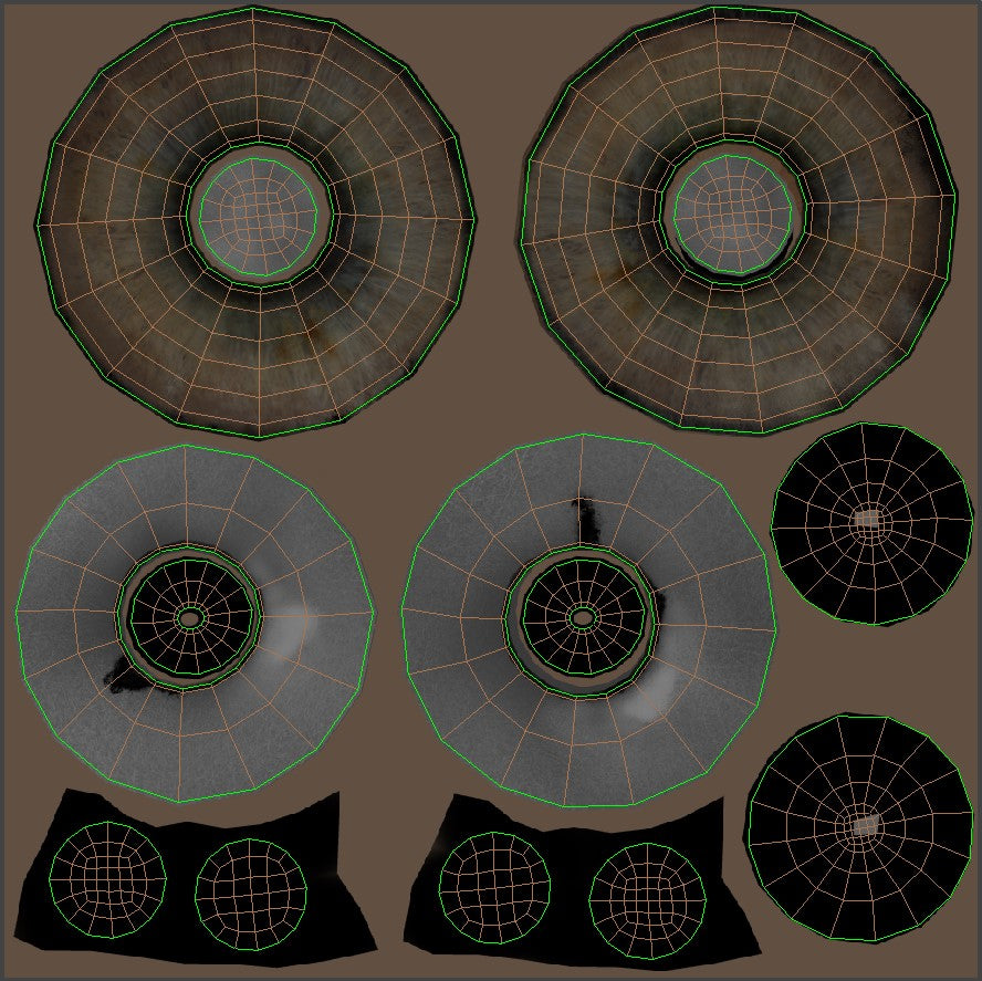 Unwrapped UV layout of the leopard cub 3D model’s eyes showing texture coordinates