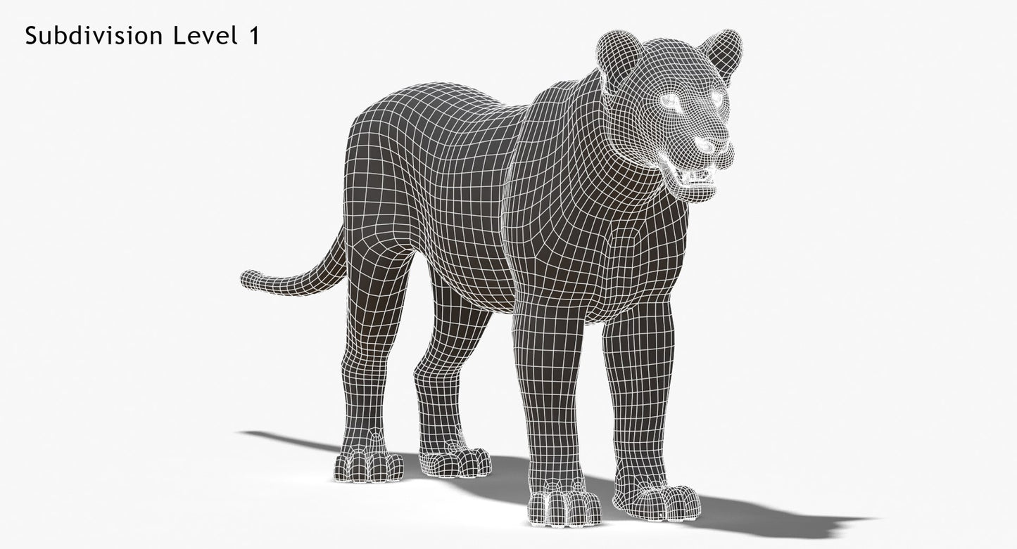 White Lioness 3D Model Wireframe View - Subdivision Level 1