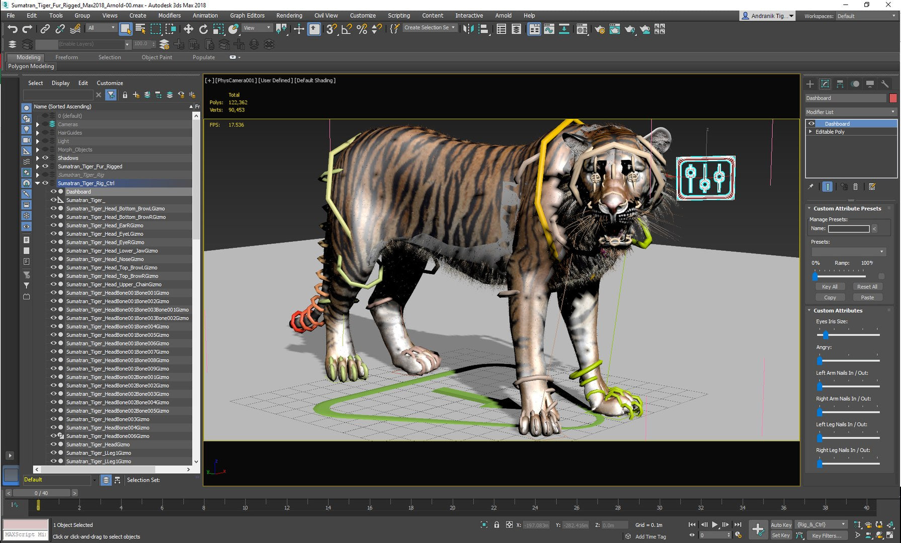 3D modeling software interface with a tiger character on a gray background