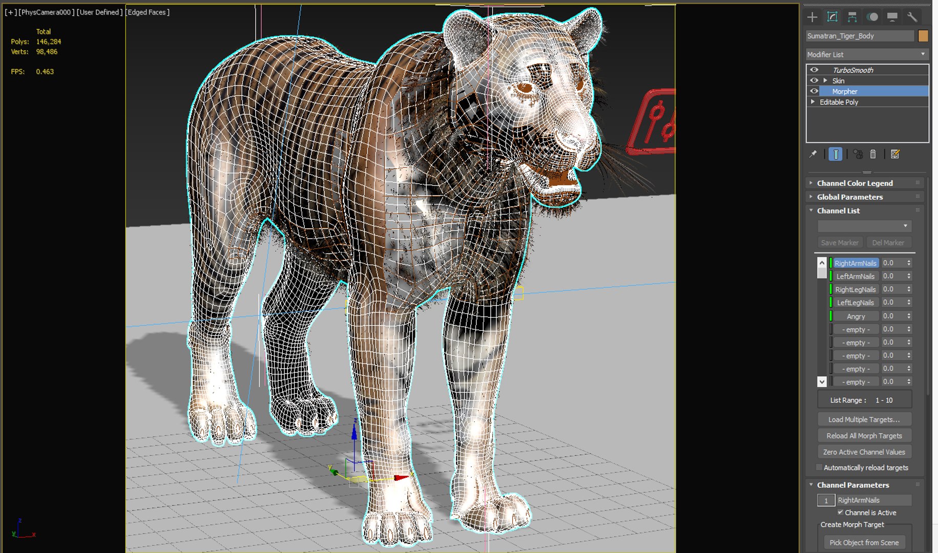 3D model of a tiger with wireframe mesh in a software interface