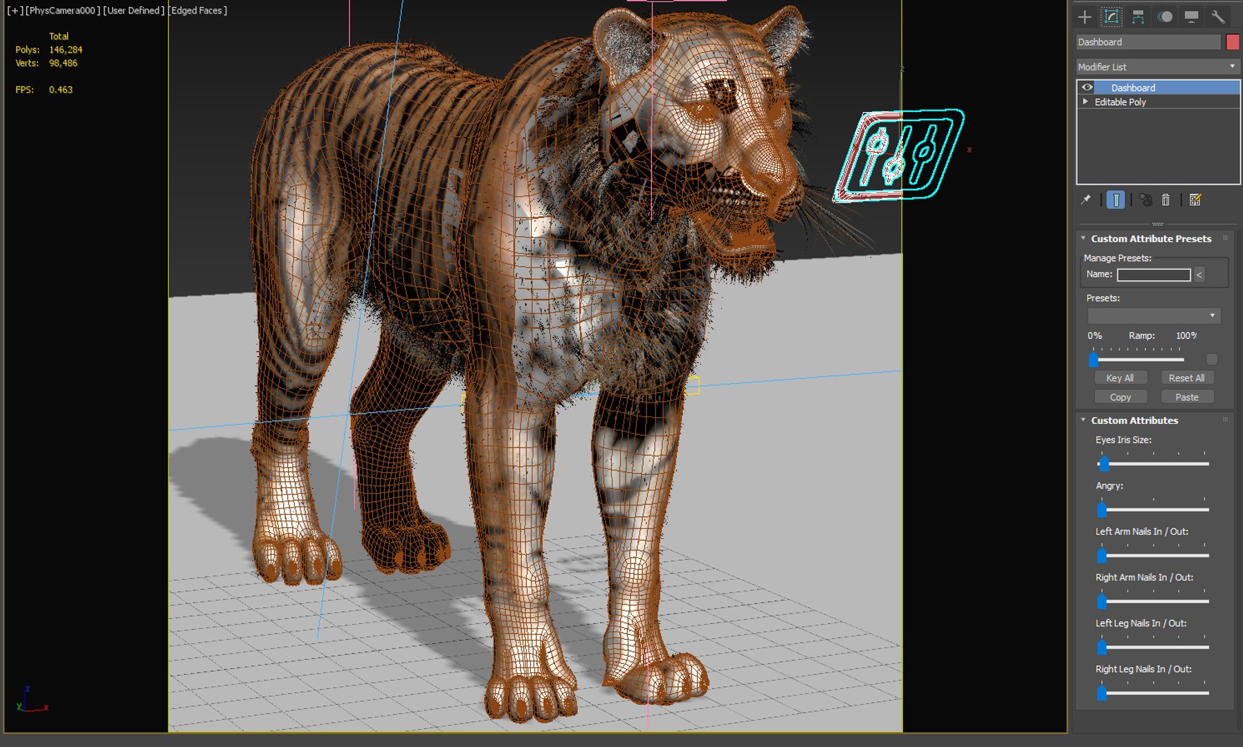 3D model of a tiger with wireframe mesh on a software interface