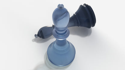Blue glass chess piece on a white background