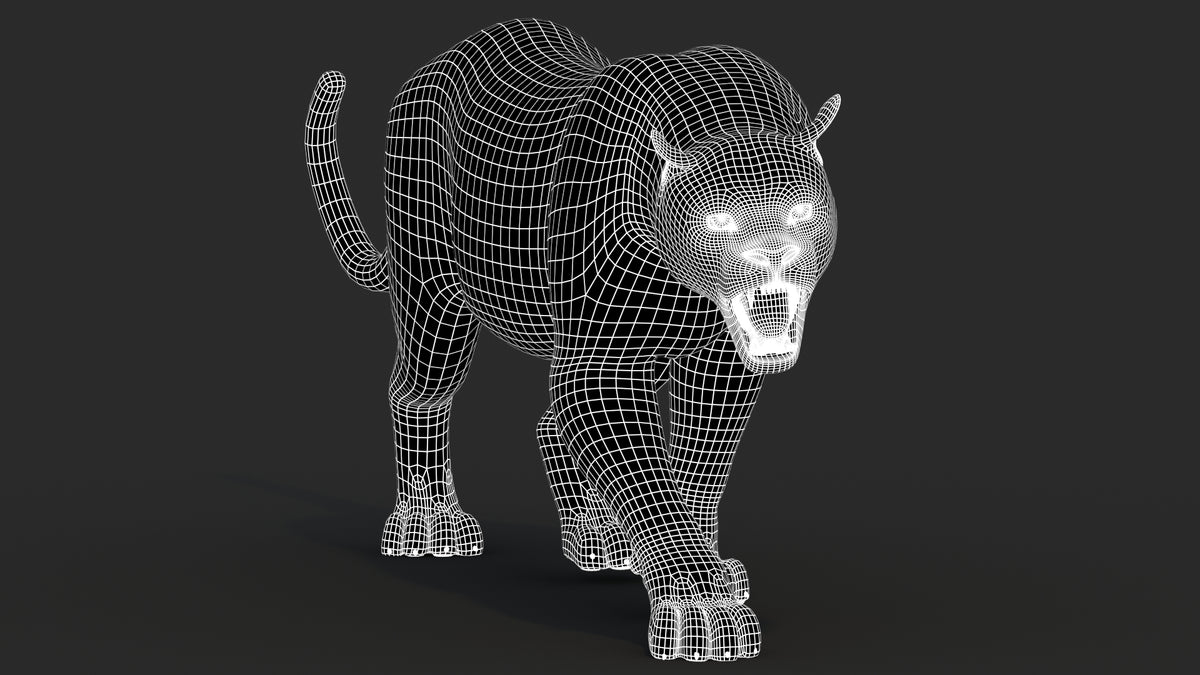 Black Panther Animal 3D Model Wireframe View 1