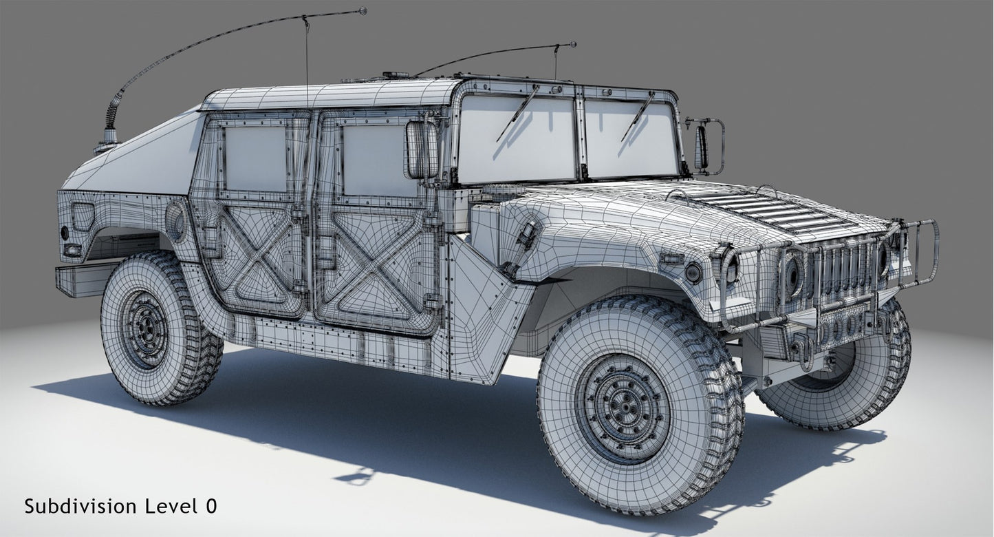 HMMWV Hummer Miliatry Vehicle 3D Model Wireframe View - Subdivision Level 0