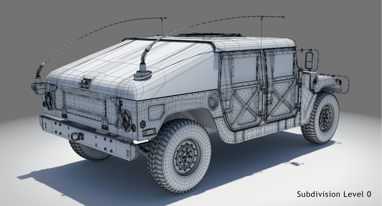 HMMWV Hummer Miliatry Vehicle 3D Model Wireframe View - Subdivision Level 0