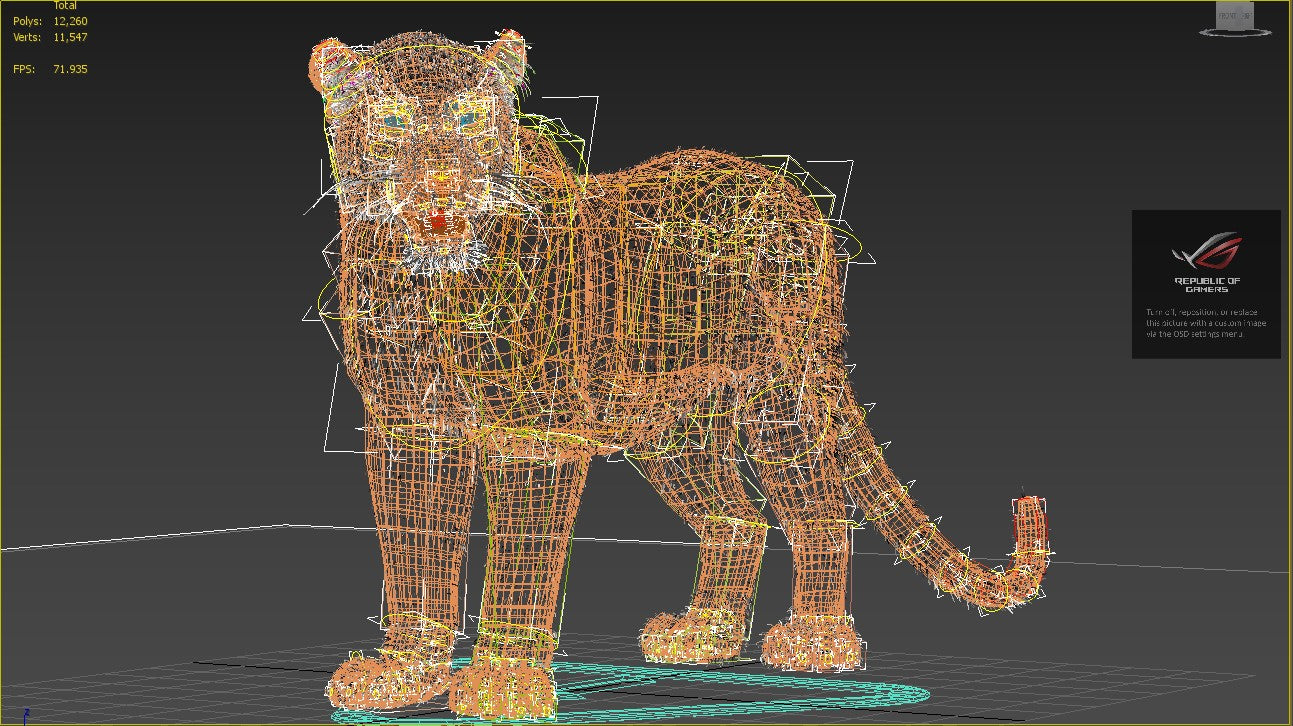 3D wireframe model of a lion on a dark background