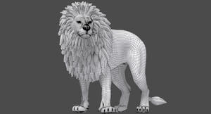 Rigged Lion 3D Model with Polygonal Mane Wireframe View Subdivision Level 1 Thumbnail