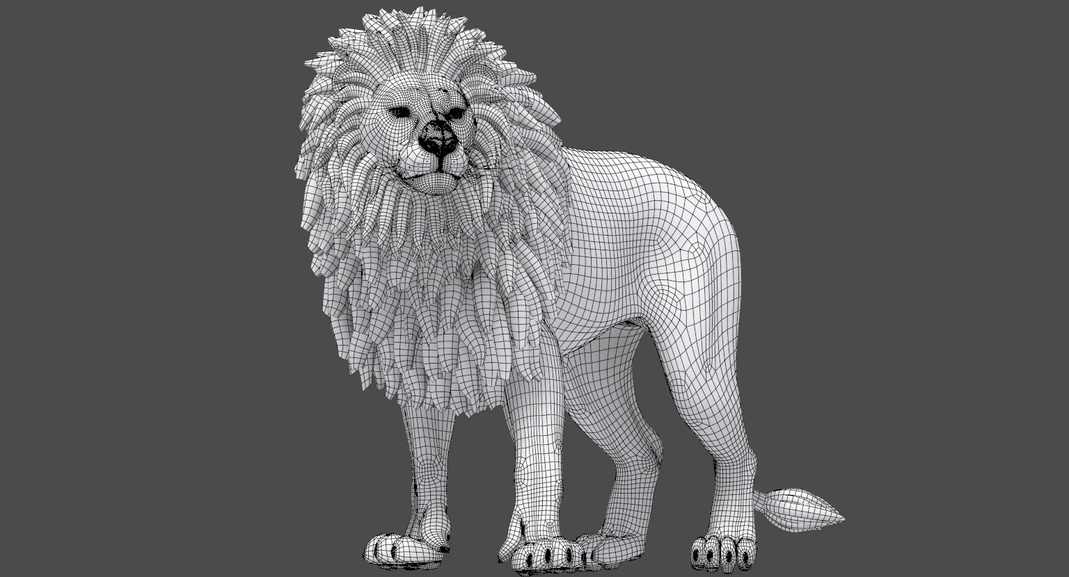 Rigged Lion 3D Model with Polygonal Mane Wireframe View Subdivision Level 1