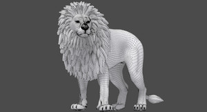 Rigged Lion 3D Model with Polygonal Mane Wireframe View Subdivision Level 1 Thumbnail