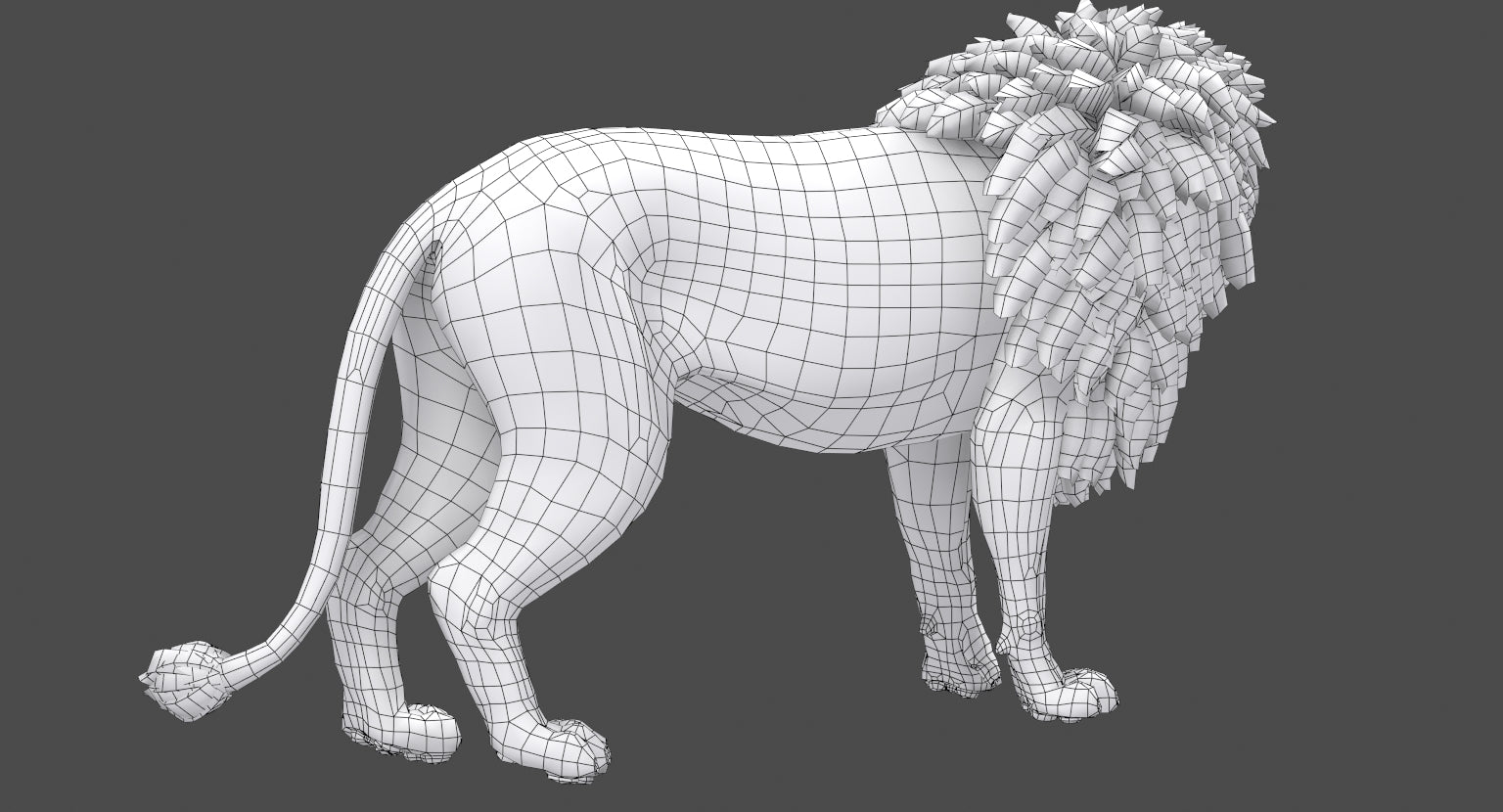 Rigged Lion 3D Model with Polygonal Mane Wireframe View Subdivision Level 0