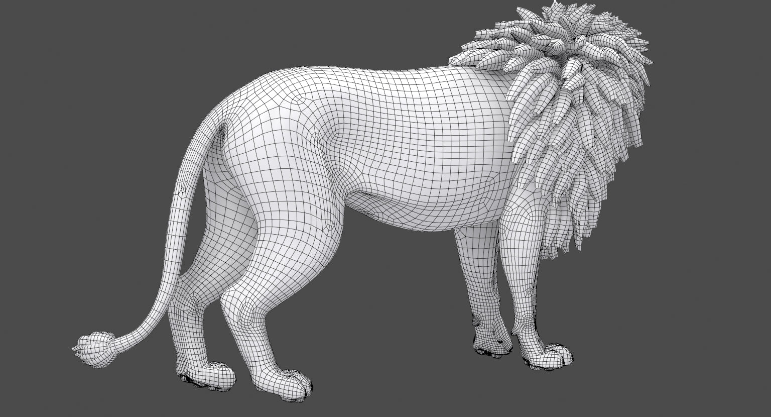 Rigged Lion 3D Model with Polygonal Mane Wireframe View Subdivision Level 1