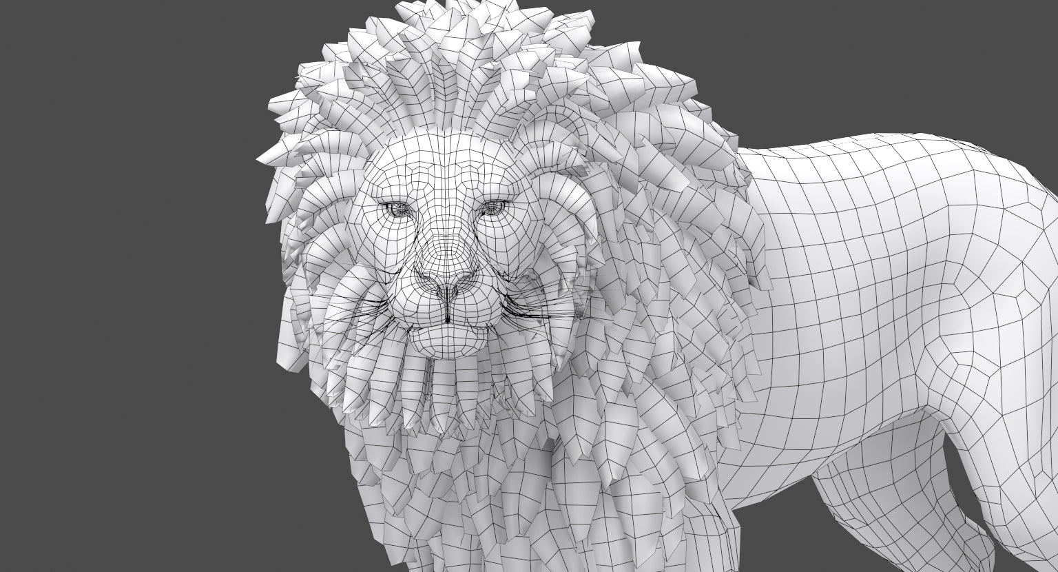 Rigged Lion 3D Model - Head Close Up With Polygonal Mane Wireframe View Subdivision Level 0