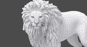 Rigged Lion 3D Model - Head Close Up With Polygonal Mane Wireframe View Subdivision Level 0 Thumbnail