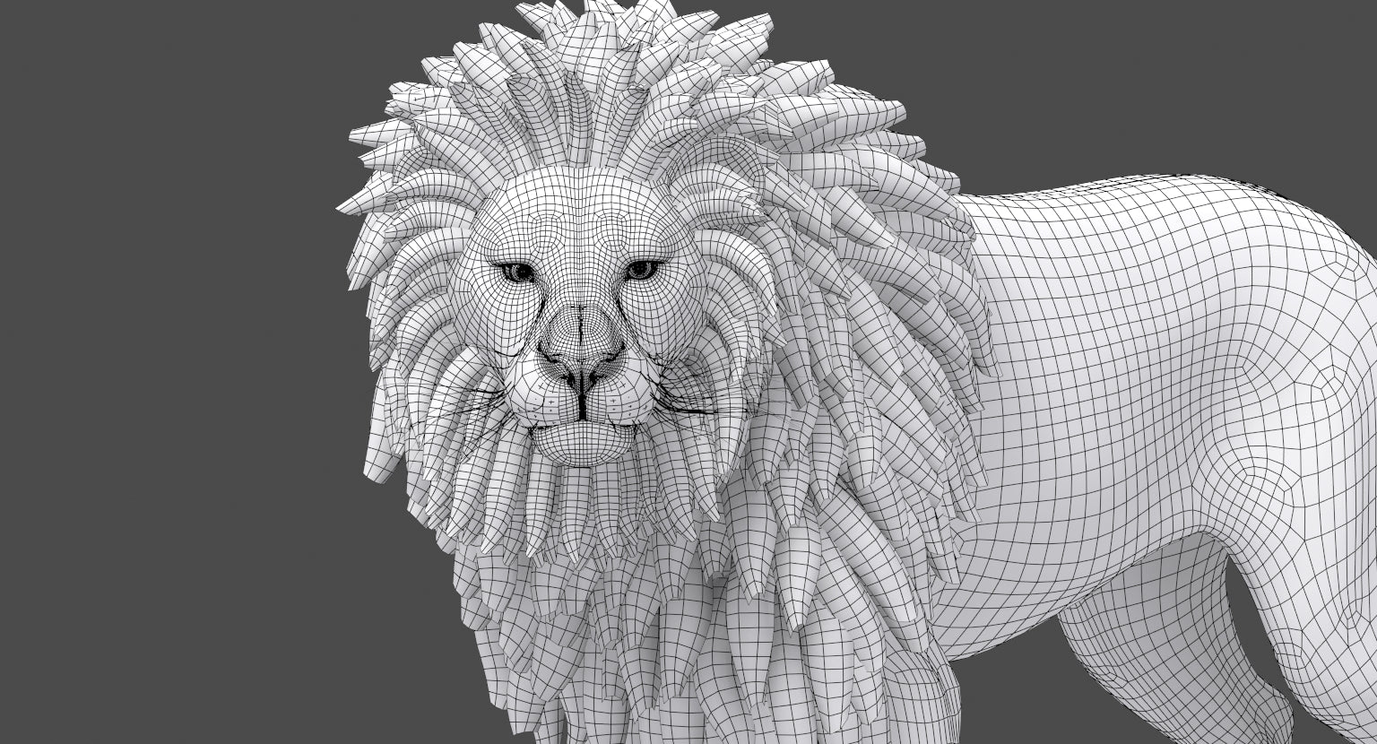 Rigged Lion 3D Model - Head Close Up With Polygonal Mane Wireframe View Subdivision Level 1