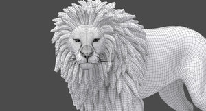 Rigged Lion 3D Model - Head Close Up With Polygonal Mane Wireframe View Subdivision Level 1 Thumbnail