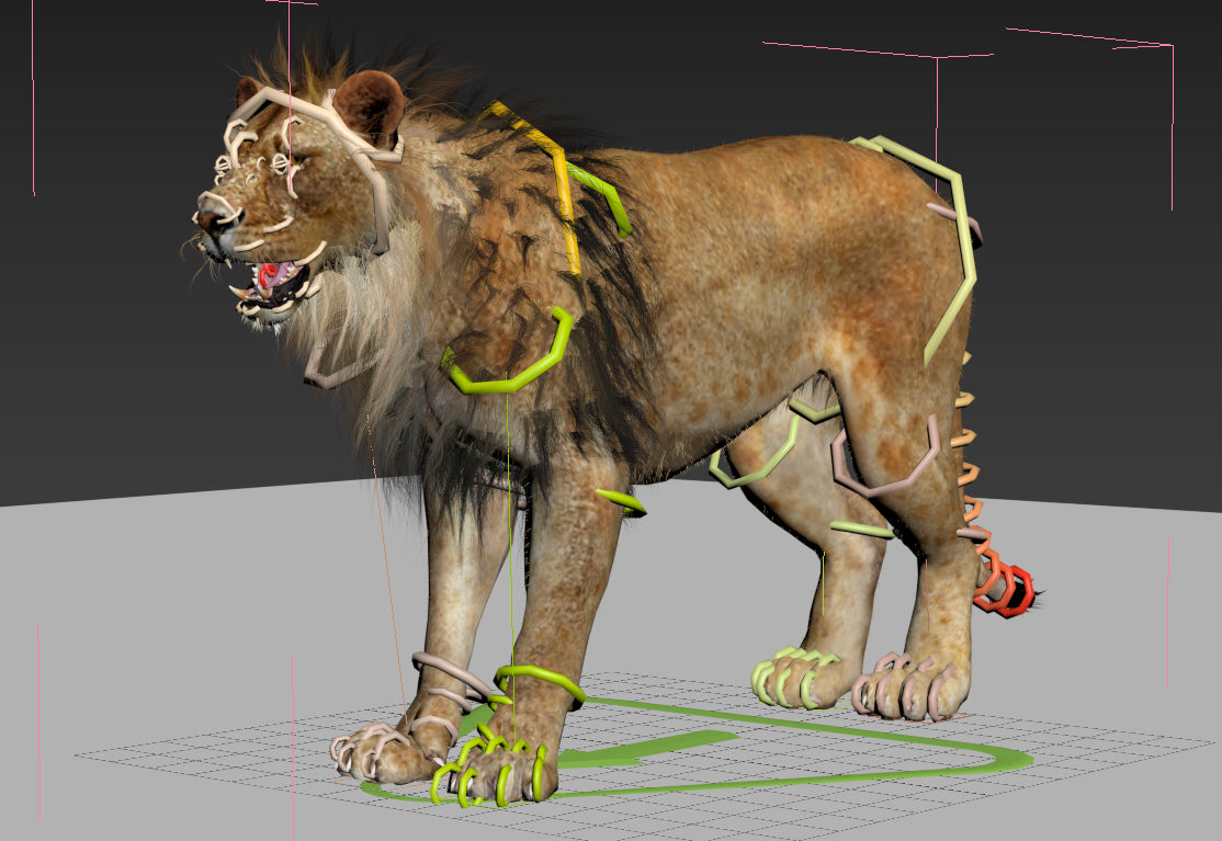 3D model of a lion with tracking markers on a grid background
