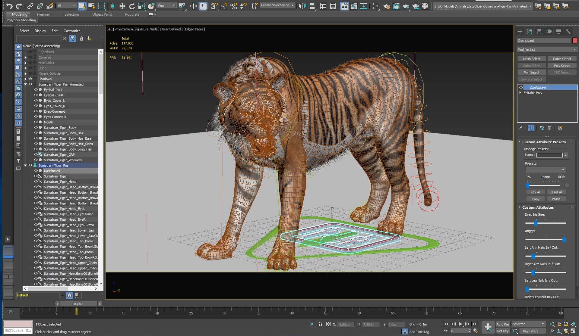 Tiger 3D Model in 3ds Max Interface Screenshot on Gray Background