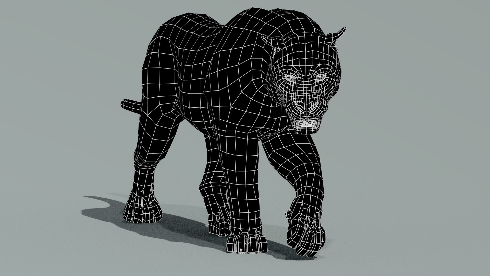 Realistic tiger 3D model wireframe view showing base mesh without subdivision