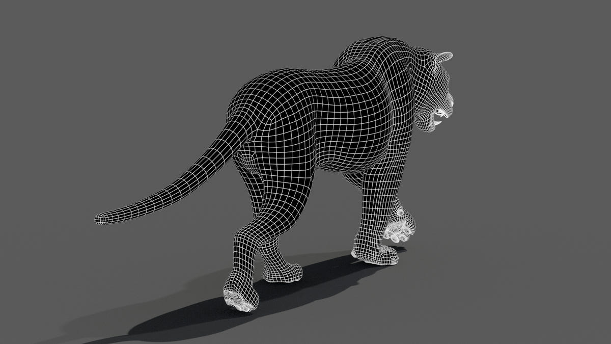 Tiger 3D model back view wireframe with subdivision level 1