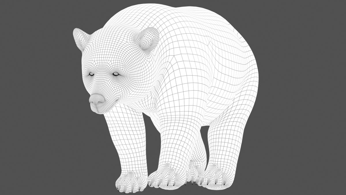 Animated Black Bear 3D Model wireframe view shown at subdivision level 1 with clean quad topology