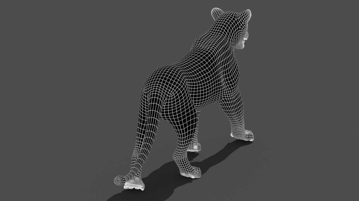 Animated Lioness 3D Model Wireframe View - Subdivision Level 1