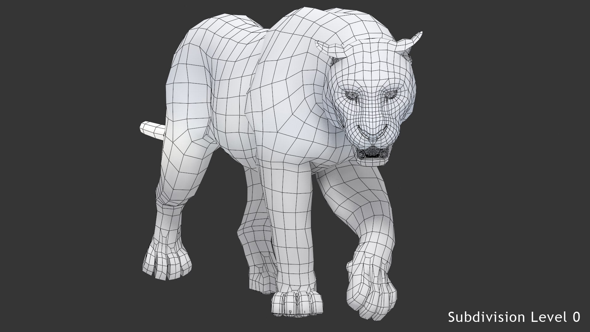 Animated white tiger 3D model wireframe view, subdivision level 0
