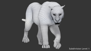 Animated white tiger 3D model wireframe view, subdivision level 1 Thumbnail