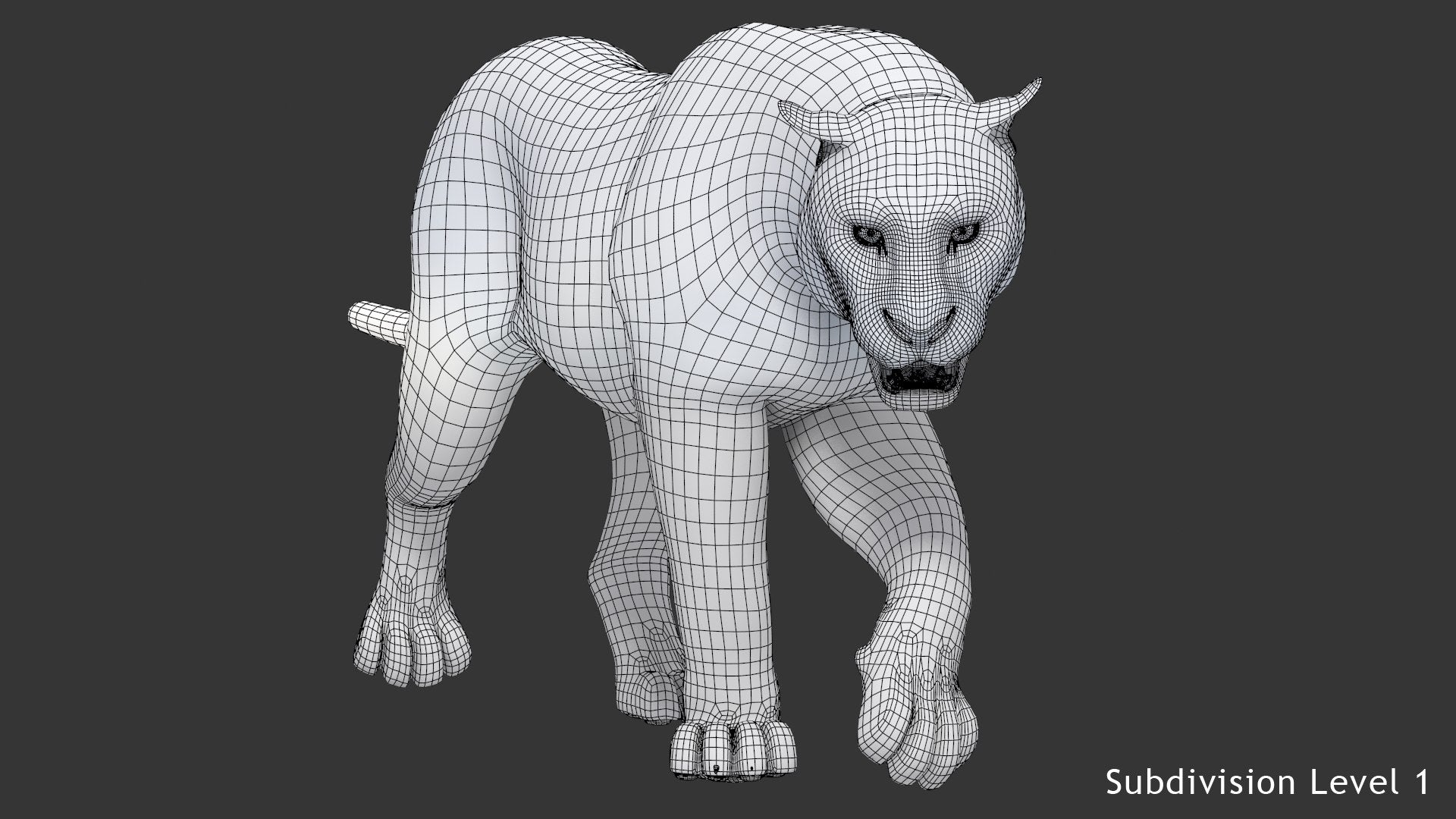 Animated white tiger 3D model wireframe view, subdivision level 1