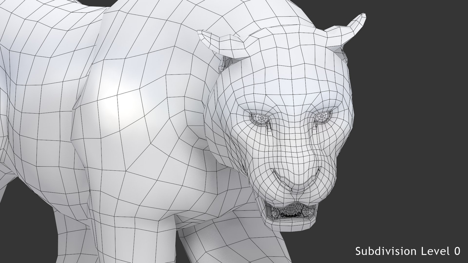 Animated white tiger 3D model, head close up wireframe view, subdivision level 0