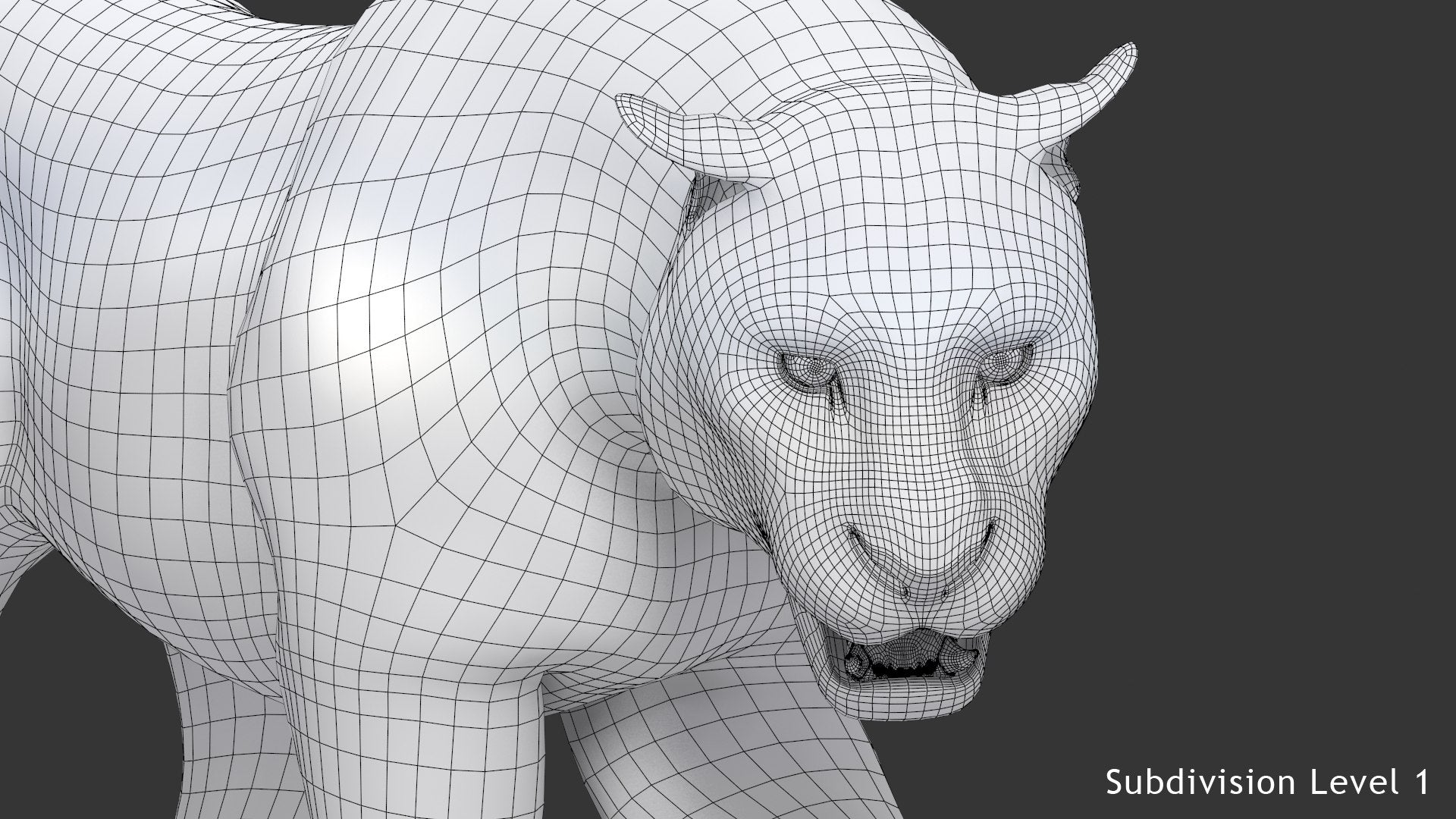 Animated white tiger 3D model, head close up wireframe view, subdivision level 1