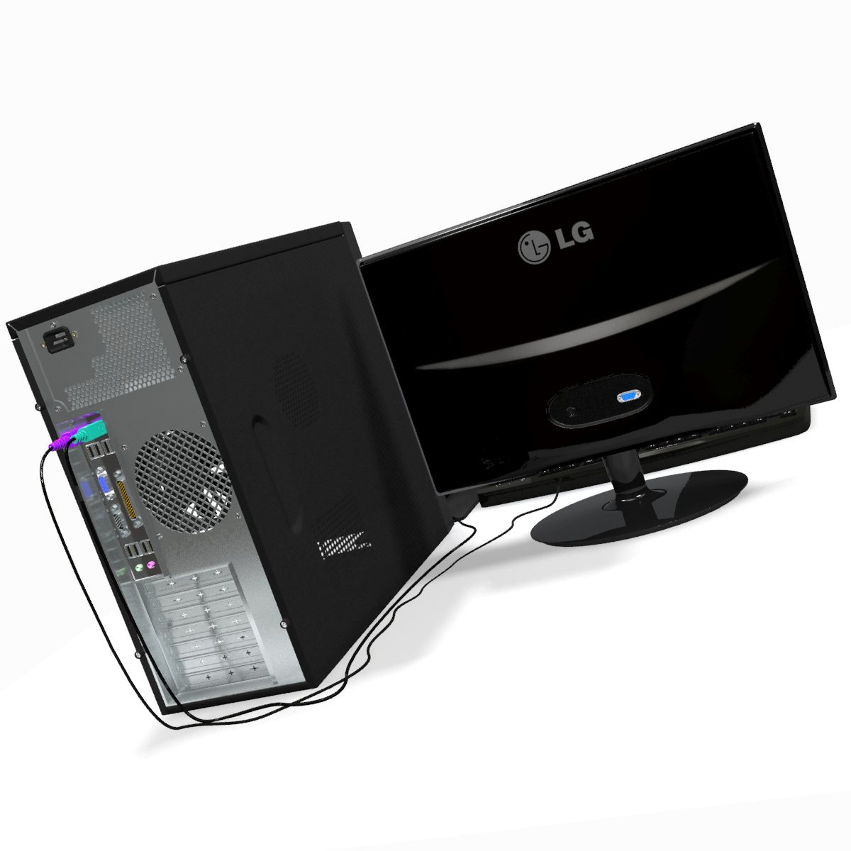 LG computer monitor and tower on a white background