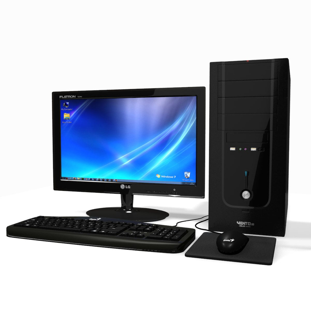 Black computer monitor LG, keyboard, and mouse on a white background