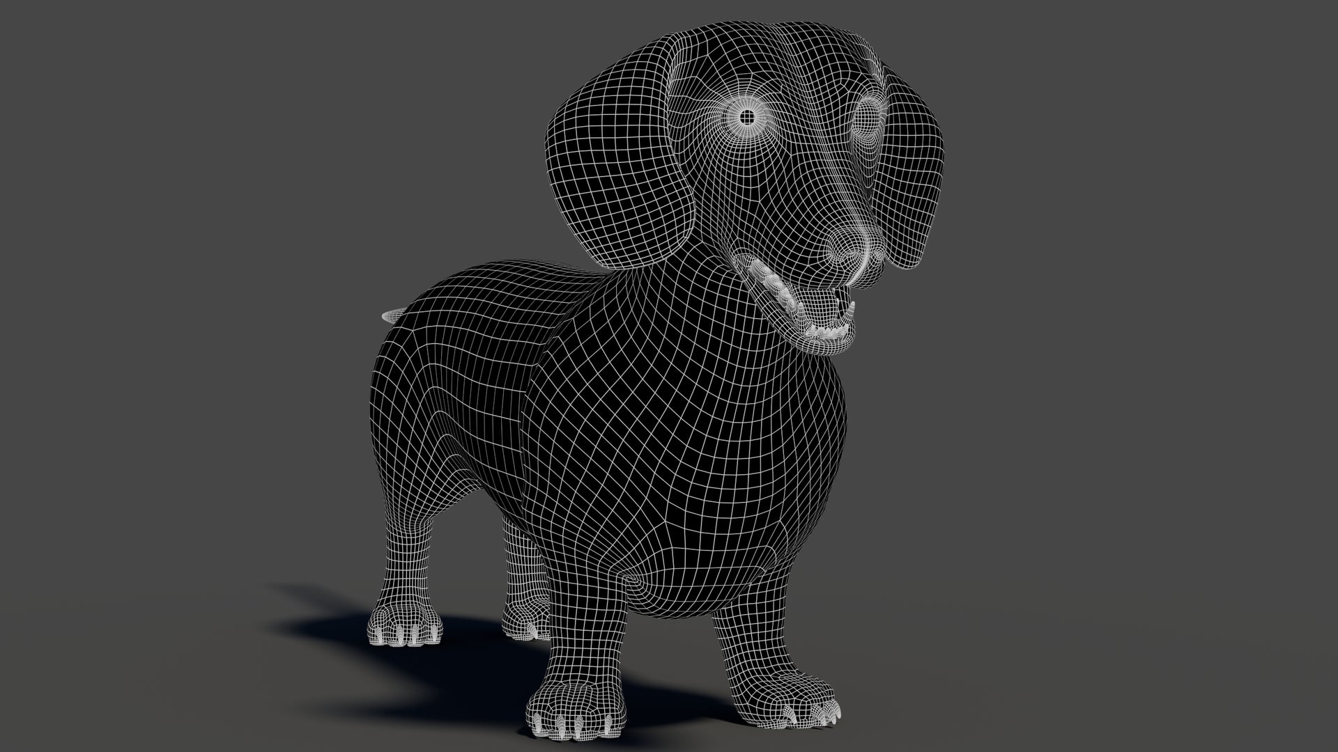 Black Dachshund Dog 3D Model Wireframe View Subdivision Level 0