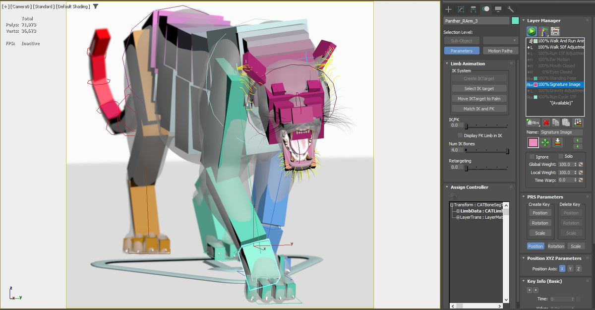 3D modeling software interface with a colorful character rigging on a white background