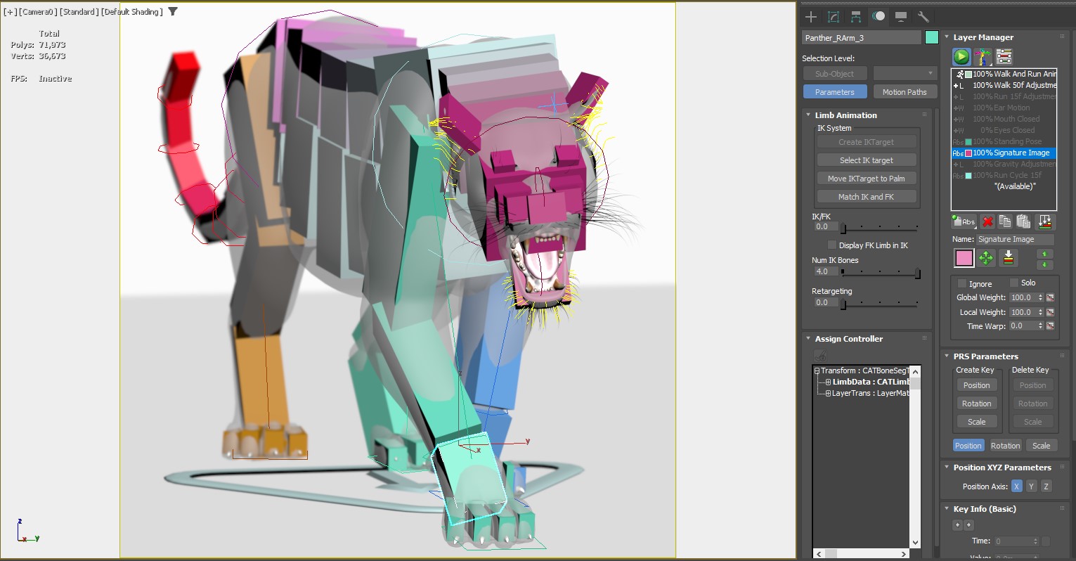 3D modeling software interface with a colorful character rigging on a white background