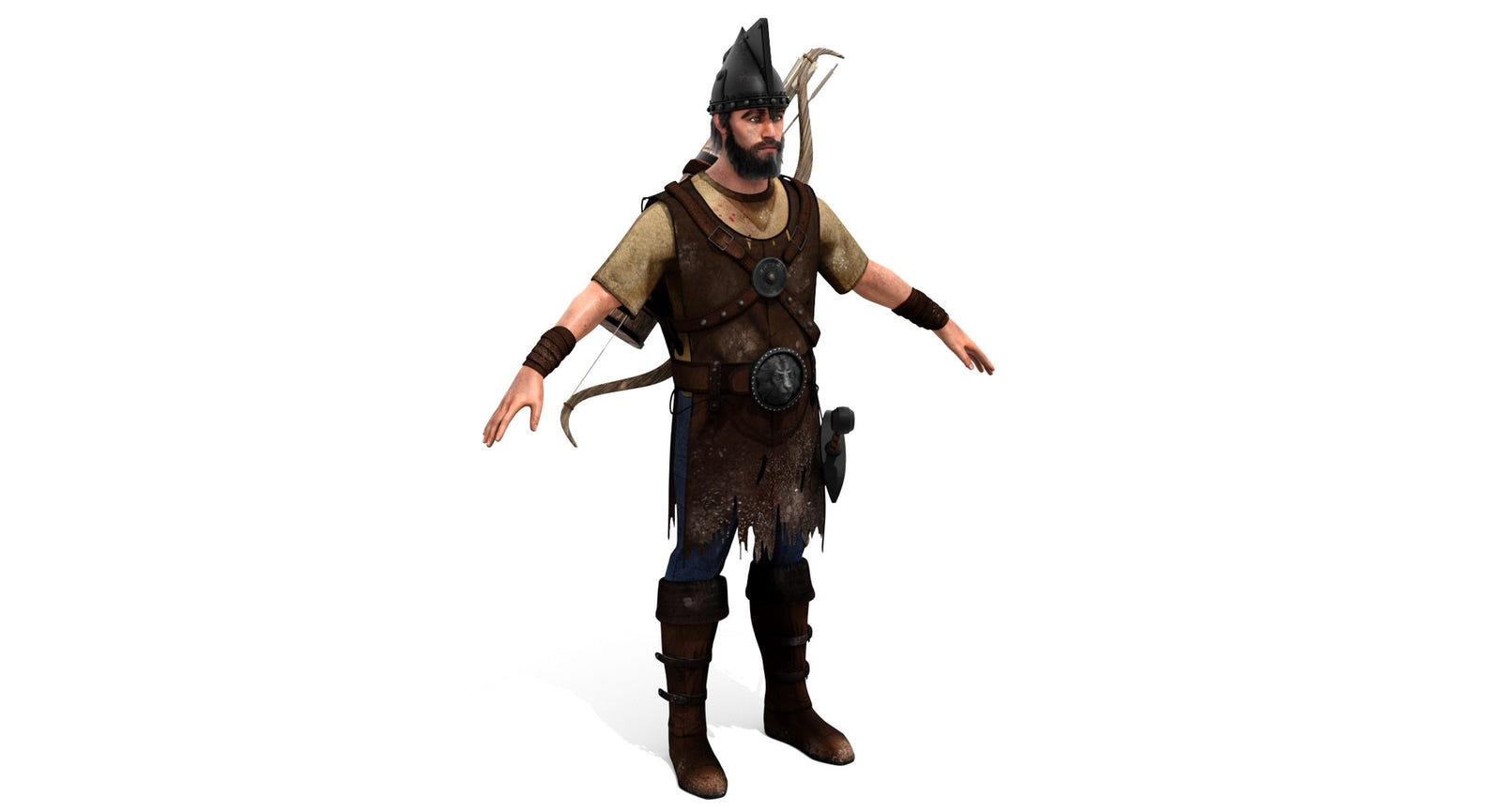 Figure in fantasy costume with armor and weapon on a white background