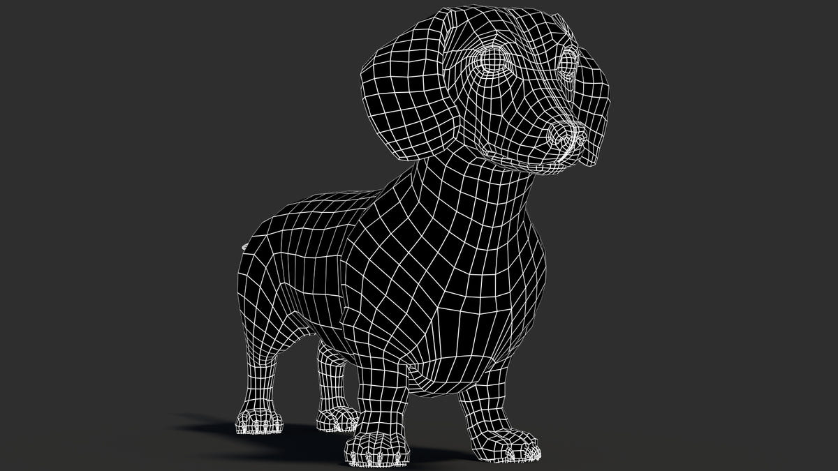 Animated Dachshund Dog 3D Model Wireframe View - Subdivision Level 0