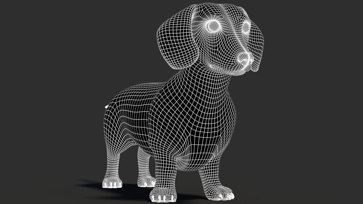 Animated Dachshund Dog 3D Model Wireframe View - Subdivision Level 1