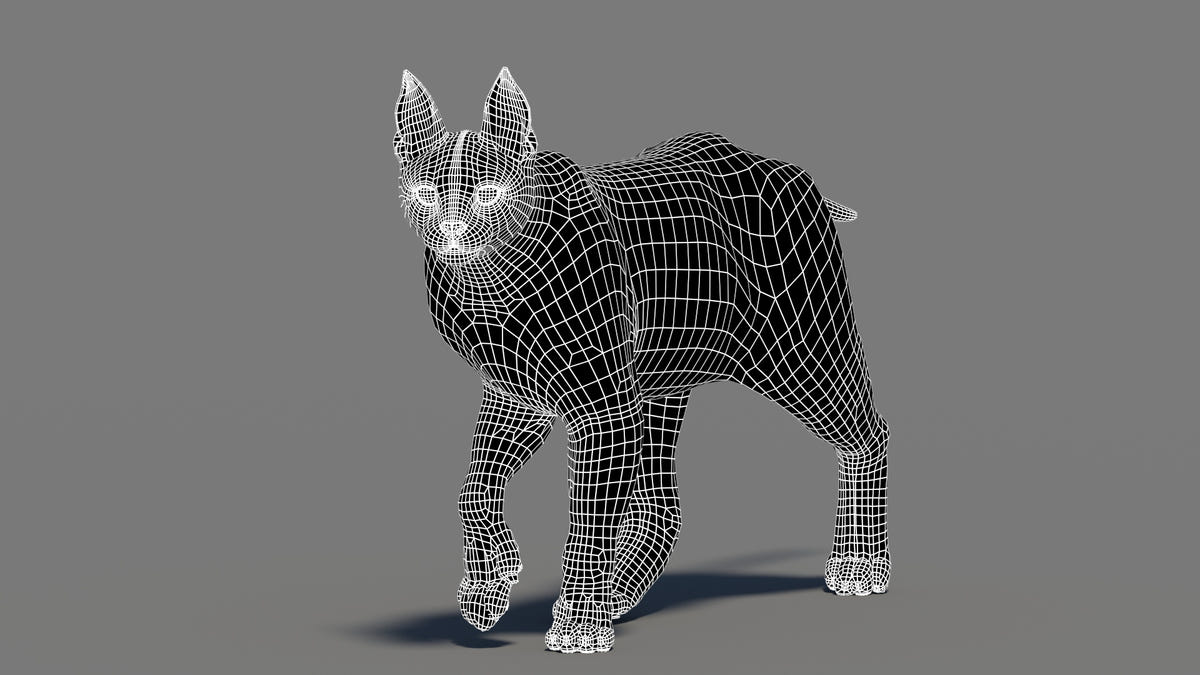 3D wireframe model of a caracal cat on a gray background