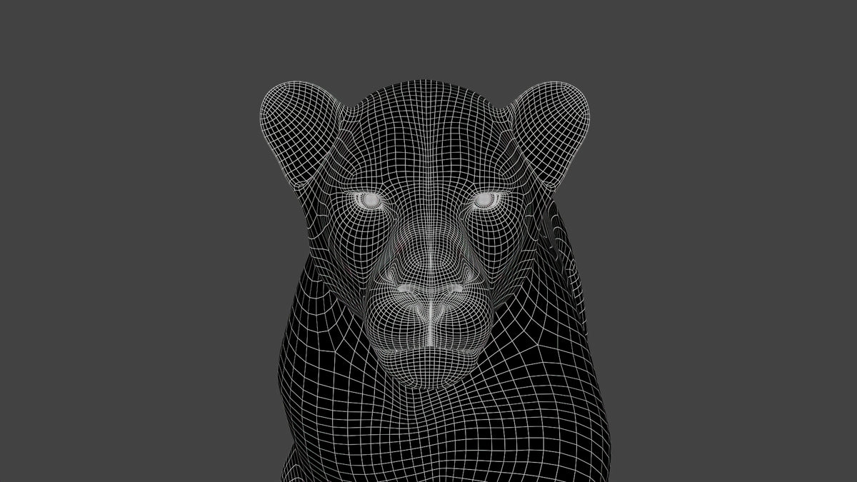 Close-Up of Subdivided Wireframe on Realistic 3D Lion Model – Smooth Topology Detail