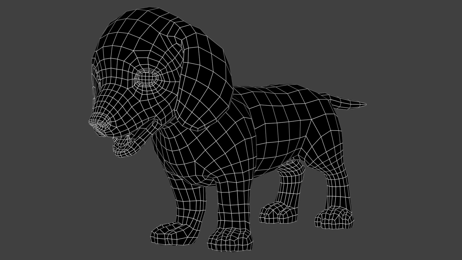 Dachshund puppy 3D model wireframe – subdivision level 0 